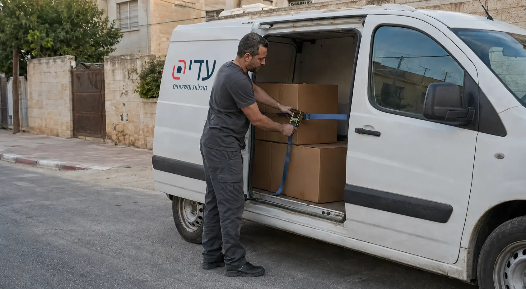 שליח מאבטח ארגזים בתוך רכב מסחרי
