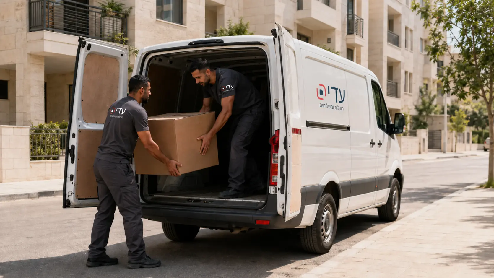עובדי הובלה מעמיסים ארגז לרכב הובלות ברחוב מגורים