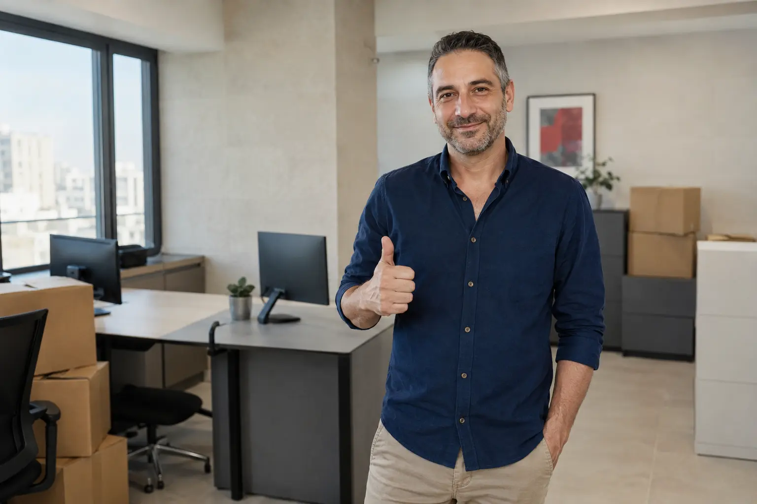 לקוח עסקי מרוצה ליד ארגזי מעבר במשרד