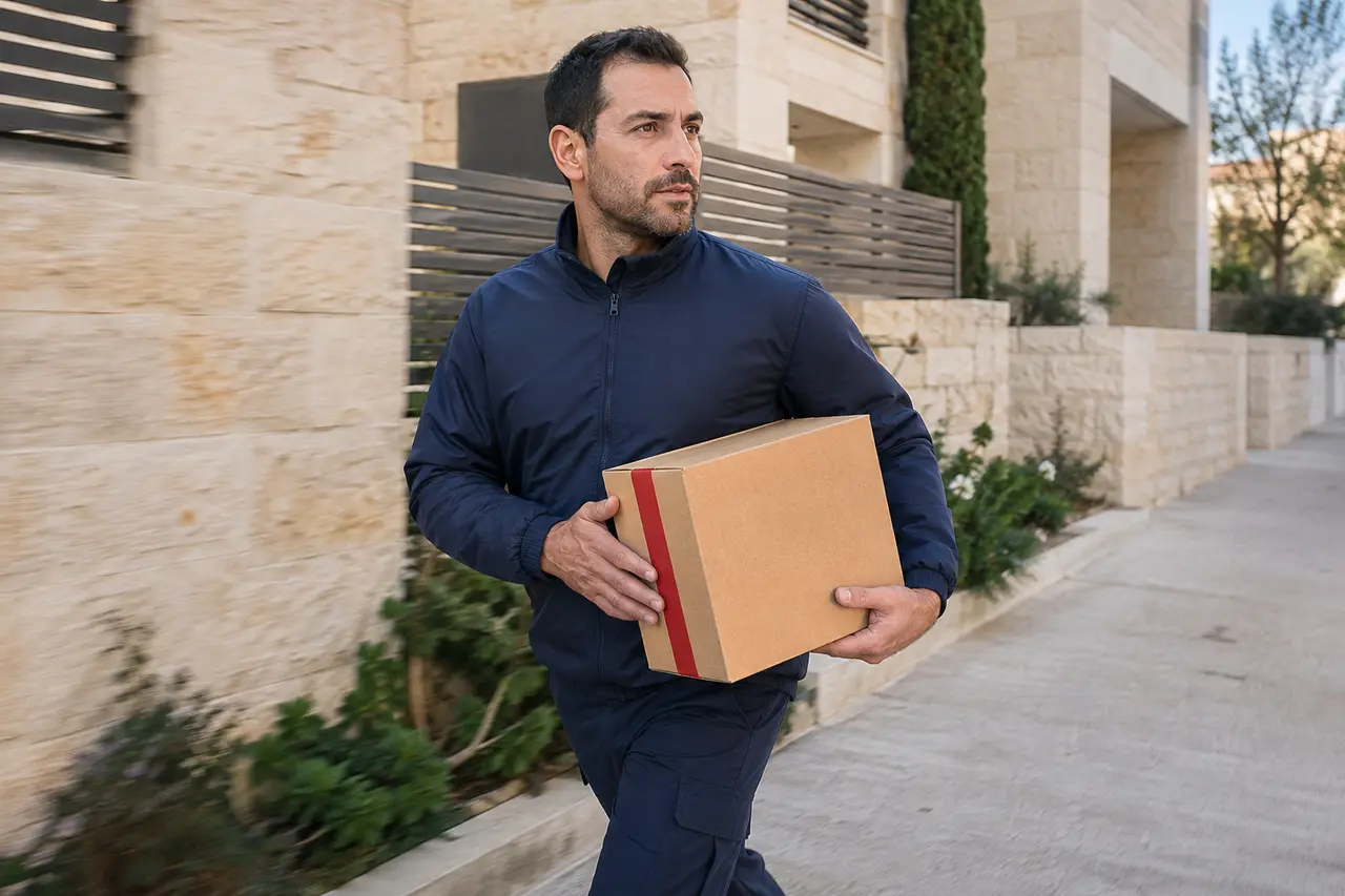 שליח נושא חבילה ברחוב מגורים